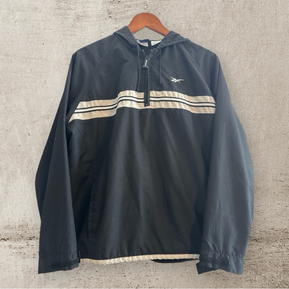 VINTAGE Reebok Pullover Windbreaker Hoodie Jacket Mesh Lined Black Women's M